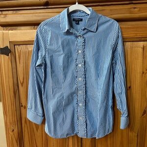 Lands End Long Sleeve Shirt Button Up Blue White‎ Stripe Women's 100% Cotton 12